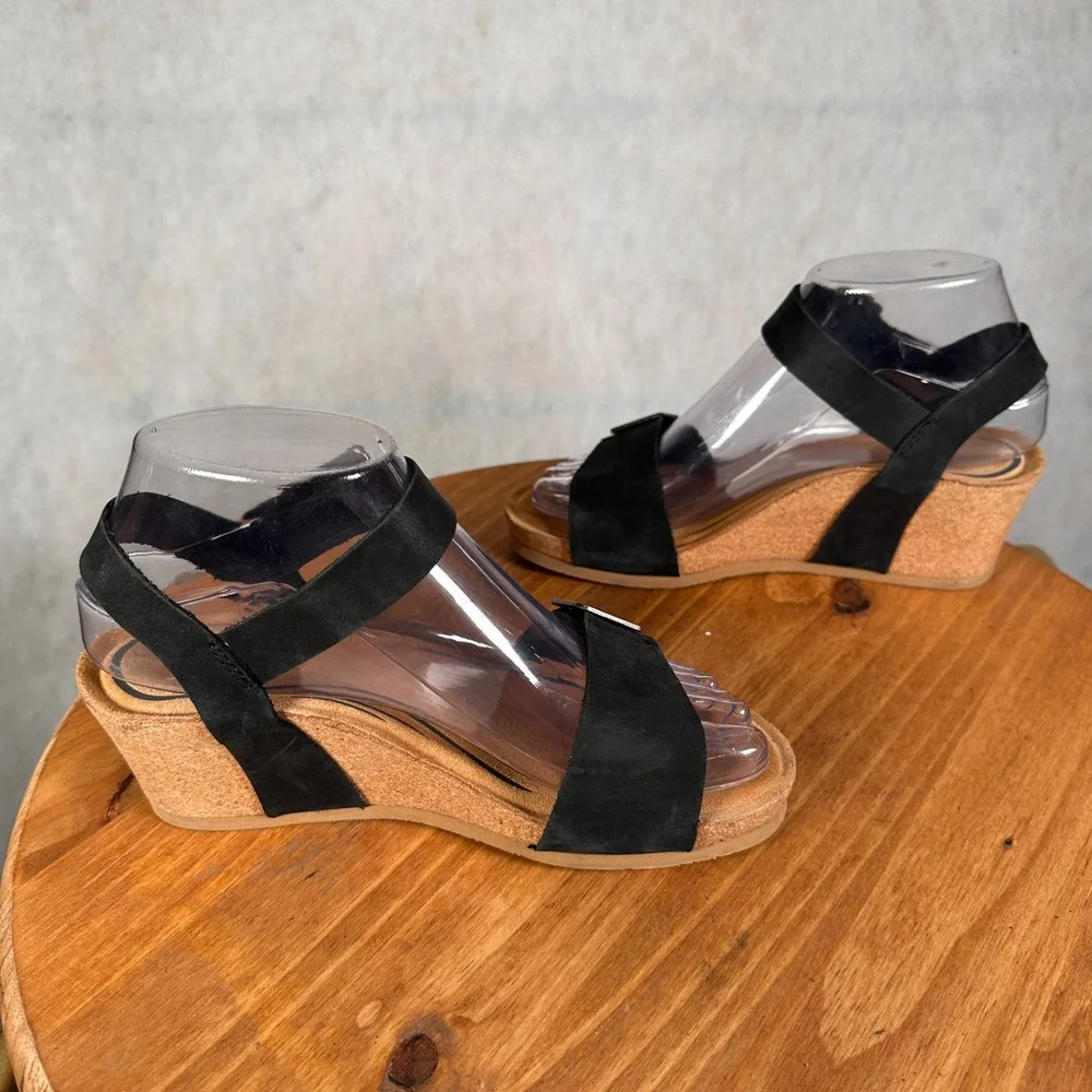 Aetrex Lexa Wedge Sandals Womens 36 Black Good Leather Orthotic Comfort